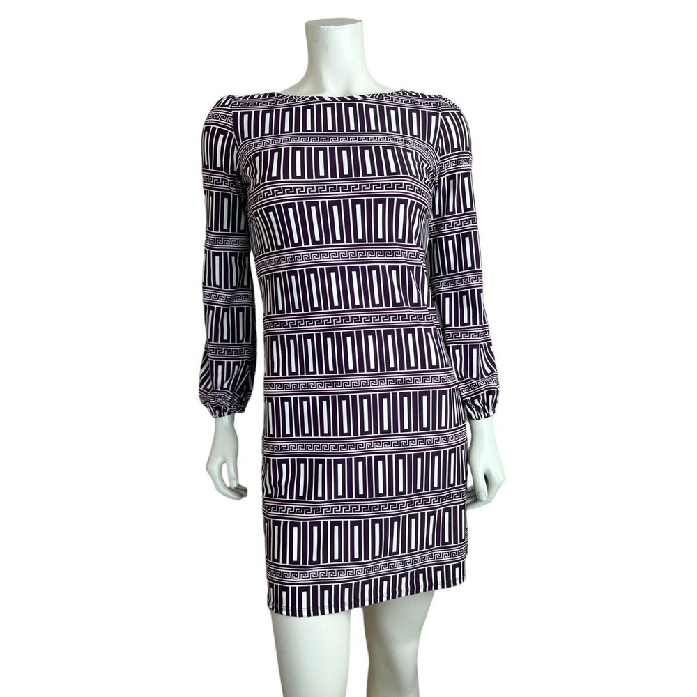 Jude Connally Chloe Sheath Dress XS Jude Cloth Long Cinched Sleeve Purple Print